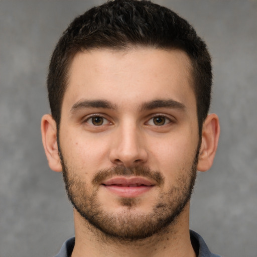 Neutral white young-adult male with short  brown hair and brown eyes