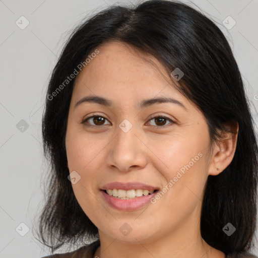 Joyful white young-adult female with medium  brown hair and brown eyes