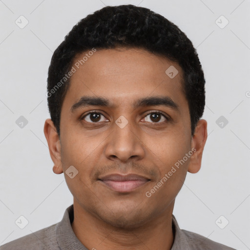 Neutral latino young-adult male with short  black hair and brown eyes