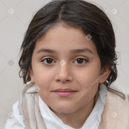 Joyful white child female with medium  brown hair and brown eyes