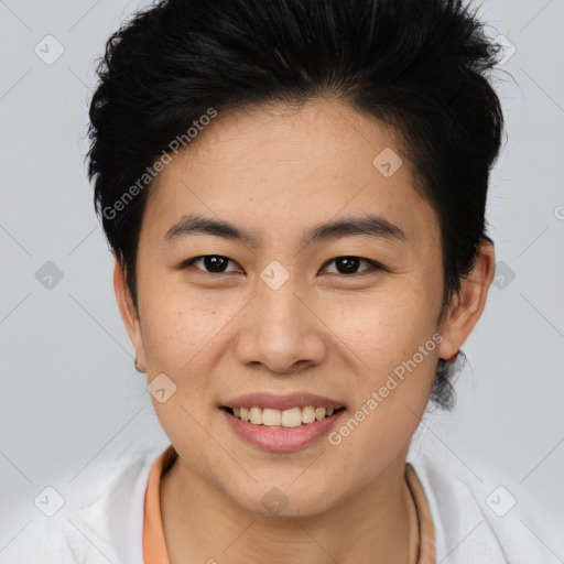 Joyful asian young-adult female with short  brown hair and brown eyes