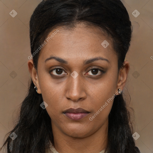 Neutral latino young-adult female with long  brown hair and brown eyes