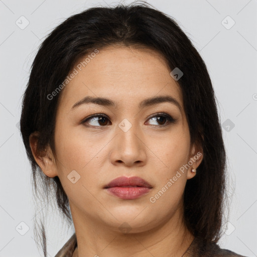 Neutral asian young-adult female with long  brown hair and brown eyes