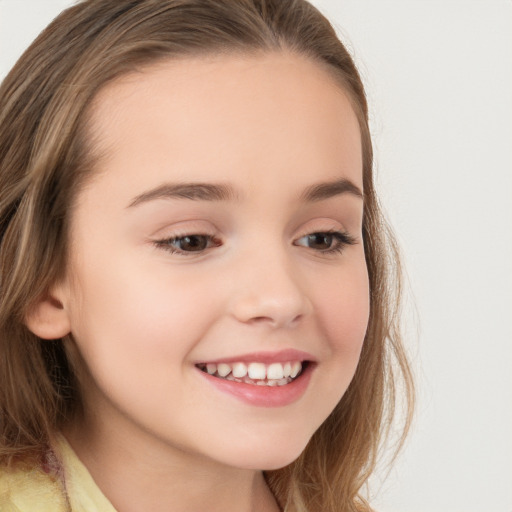 Joyful white child female with long  brown hair and brown eyes