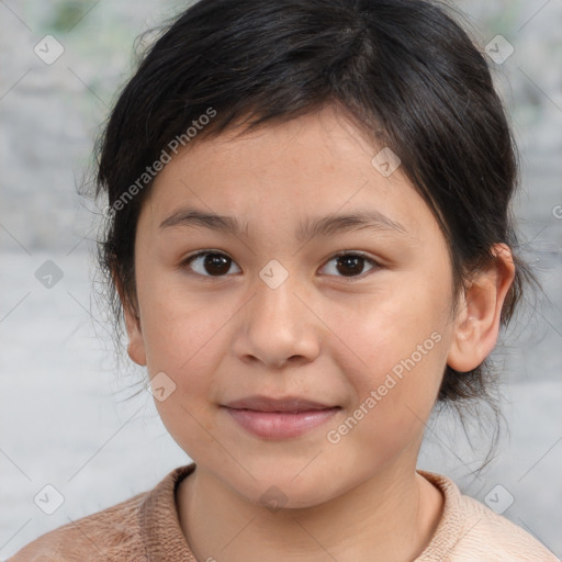 Joyful white child female with medium  brown hair and brown eyes