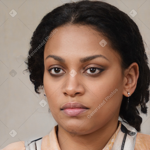 Neutral black young-adult female with medium  brown hair and brown eyes