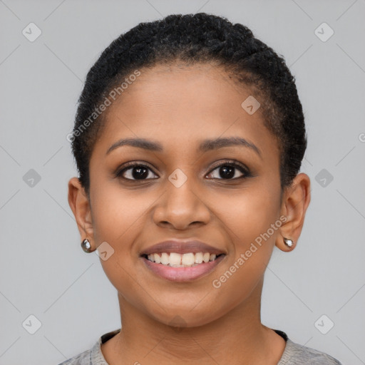 Joyful latino young-adult female with short  brown hair and brown eyes