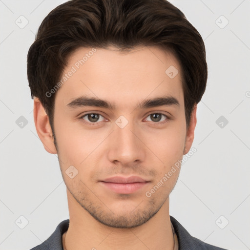 Neutral white young-adult male with short  brown hair and brown eyes