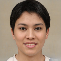 Joyful asian young-adult female with short  brown hair and brown eyes