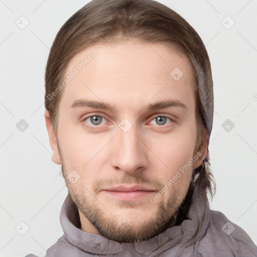 Neutral white young-adult male with short  brown hair and grey eyes