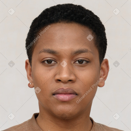 Neutral black young-adult female with short  brown hair and brown eyes