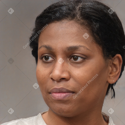 Joyful black adult female with medium  brown hair and brown eyes