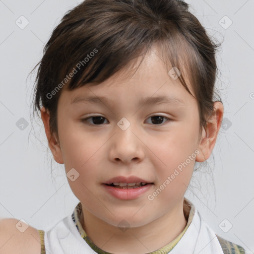 Joyful white child female with medium  brown hair and brown eyes