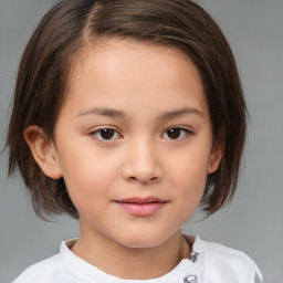 Joyful white child female with medium  brown hair and brown eyes