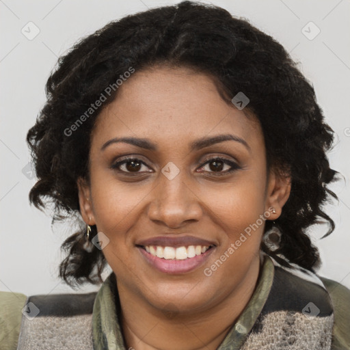 Joyful black young-adult female with medium  brown hair and brown eyes