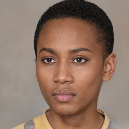Neutral latino young-adult female with short  black hair and brown eyes