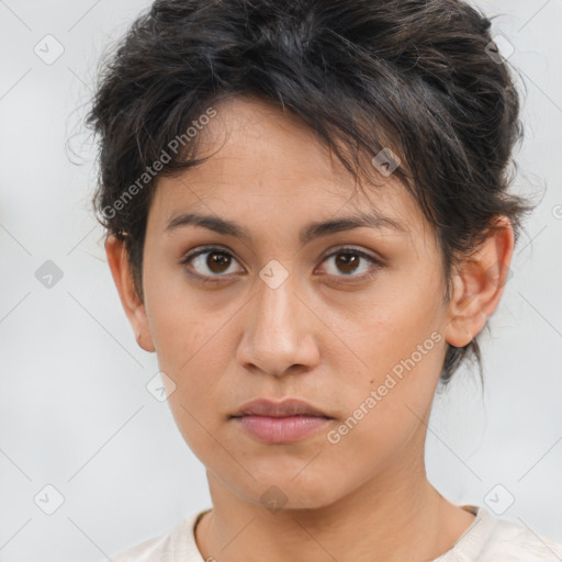 Neutral white young-adult female with short  brown hair and brown eyes