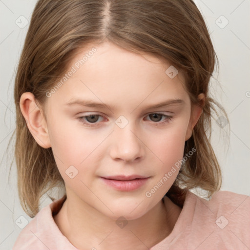 Joyful white child female with medium  brown hair and grey eyes