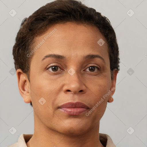 Neutral white adult female with short  brown hair and brown eyes