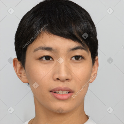 Neutral asian young-adult female with short  brown hair and brown eyes