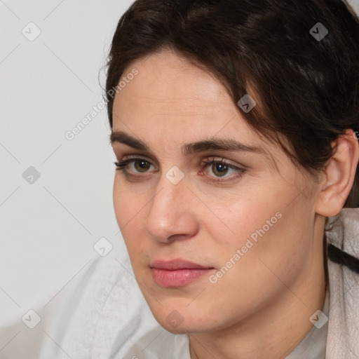 Neutral white young-adult female with short  brown hair and brown eyes