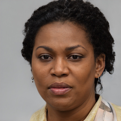 Joyful black adult female with short  brown hair and brown eyes