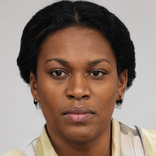 Neutral black adult female with short  brown hair and brown eyes