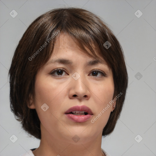 Neutral white young-adult female with medium  brown hair and brown eyes