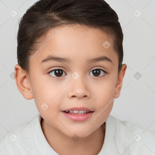 Joyful white child female with short  brown hair and brown eyes