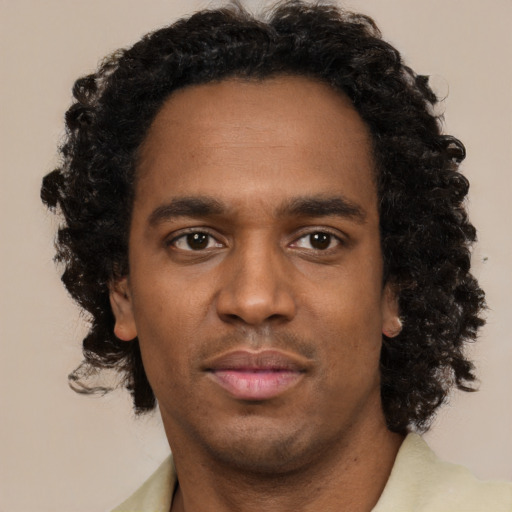 Neutral black adult male with short  black hair and brown eyes