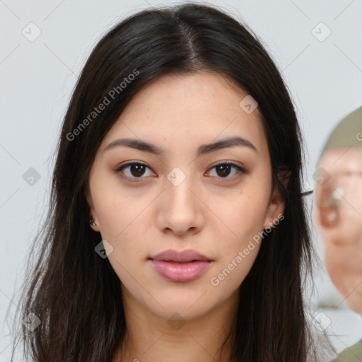 Neutral white young-adult female with long  brown hair and brown eyes