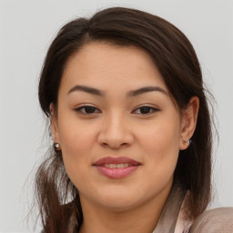 Joyful asian young-adult female with medium  brown hair and brown eyes