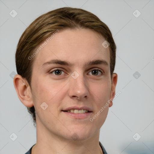 Joyful white young-adult female with short  brown hair and grey eyes