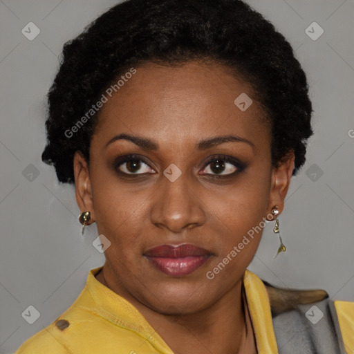 Joyful latino young-adult female with short  black hair and brown eyes