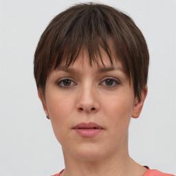 Neutral white young-adult female with short  brown hair and brown eyes