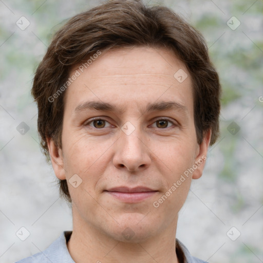 Joyful white adult male with short  brown hair and grey eyes