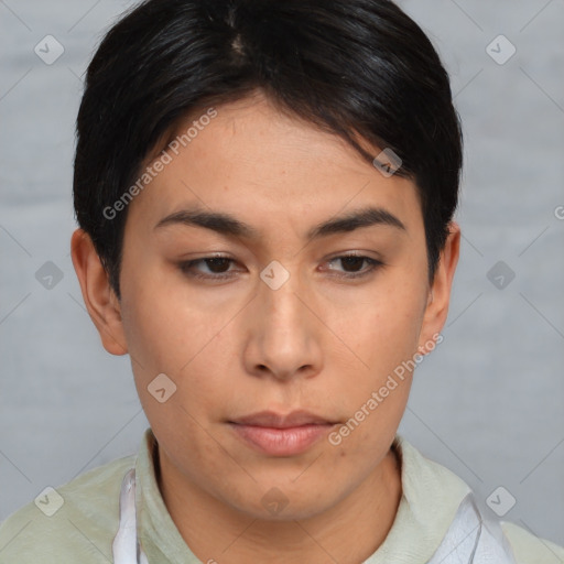 Neutral asian young-adult female with short  brown hair and brown eyes