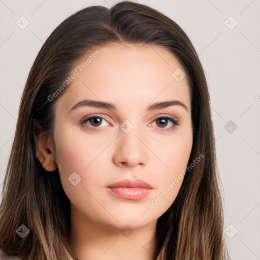 Neutral white young-adult female with long  brown hair and brown eyes