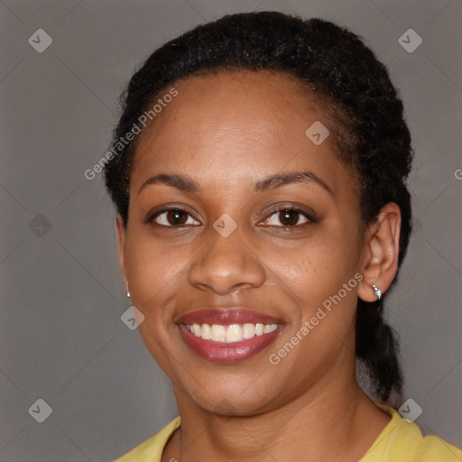 Joyful latino young-adult female with short  black hair and brown eyes