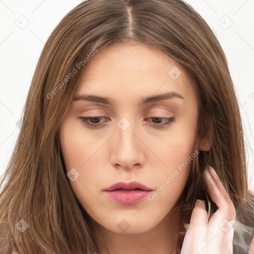 Neutral white young-adult female with long  brown hair and brown eyes