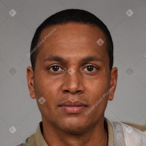 Neutral latino adult male with short  brown hair and brown eyes