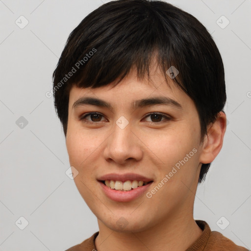 Joyful asian young-adult female with short  brown hair and brown eyes