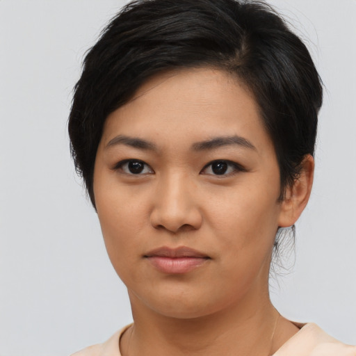 Neutral asian young-adult female with short  black hair and brown eyes