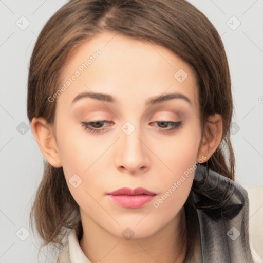 Neutral white young-adult female with medium  brown hair and brown eyes