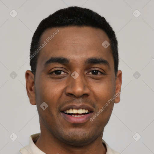 Joyful black young-adult male with short  black hair and brown eyes