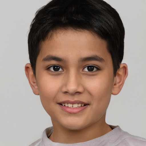 Joyful asian child male with short  brown hair and brown eyes