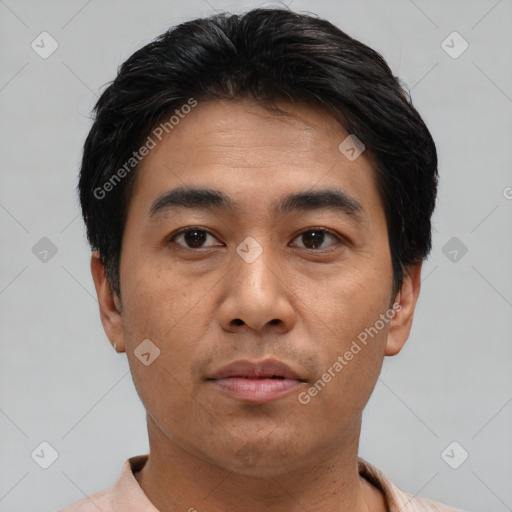 Neutral asian young-adult male with short  black hair and brown eyes