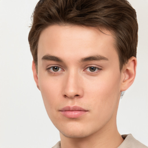 Neutral white young-adult male with short  brown hair and brown eyes