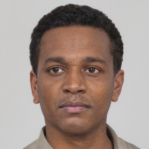 Neutral black young-adult male with short  black hair and brown eyes