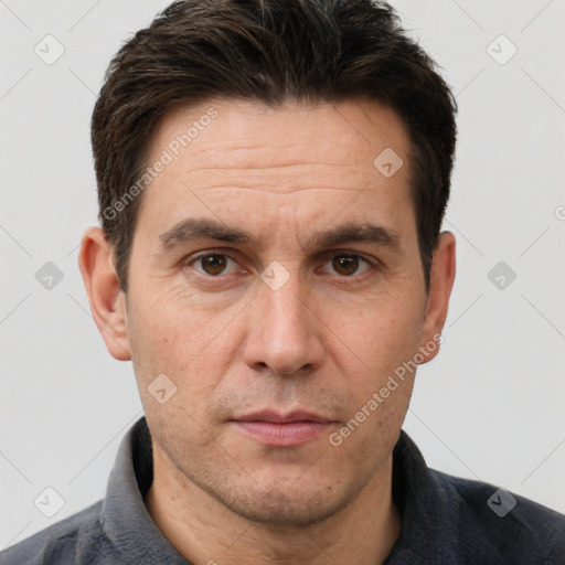 Neutral white adult male with short  brown hair and brown eyes